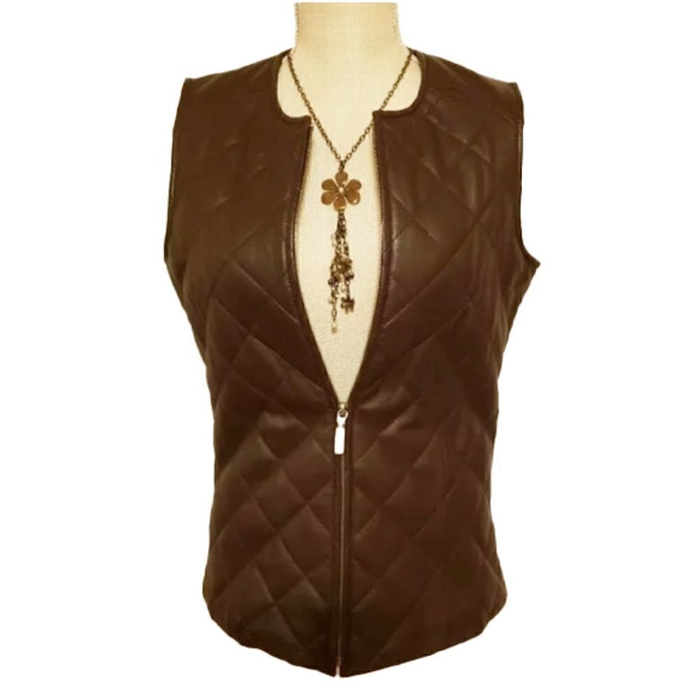 🆕 Pamela McCoy Collection BROWN 100% Leather Quilted Vest XS Full Zip Jacket